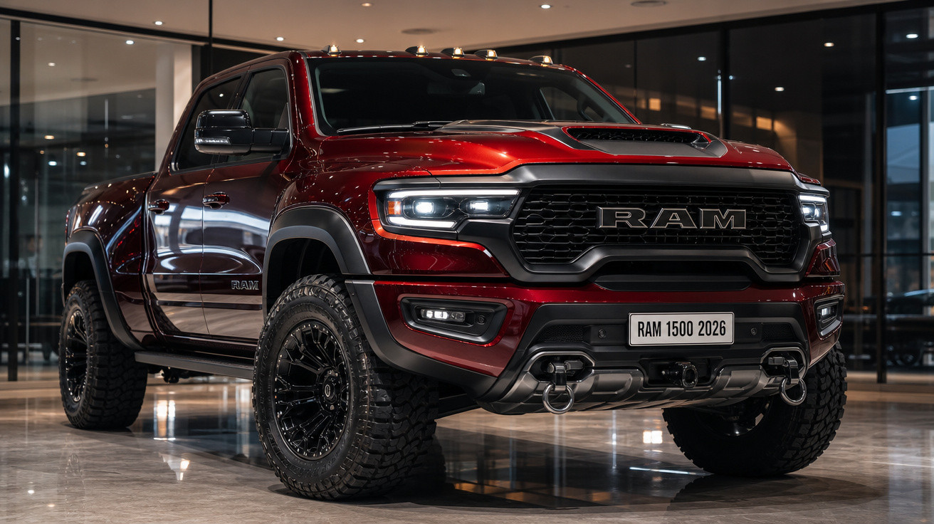 Picape RAM 1500 2026 vermelha com faróis acesos em ambiente interno moderno e iluminado.