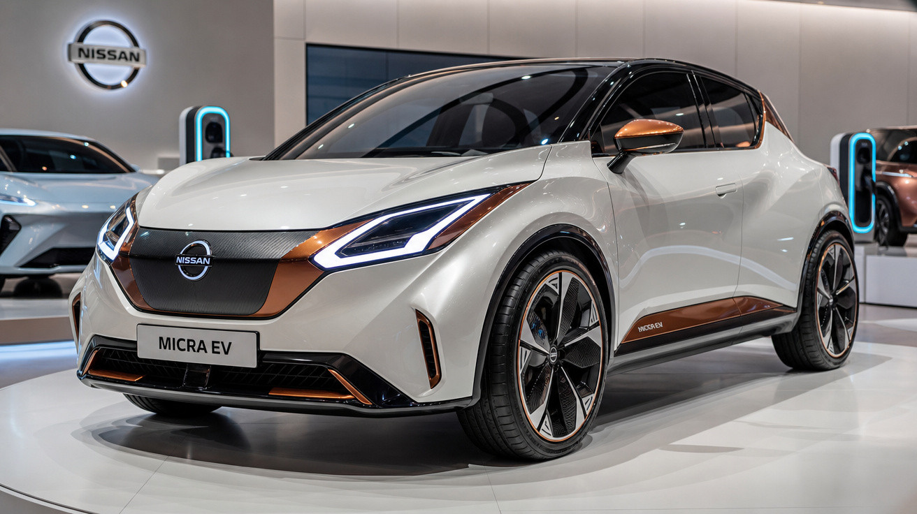 Carro elétrico Nissan Micra EV branco com detalhes em cobre exibido em salão automotivo.