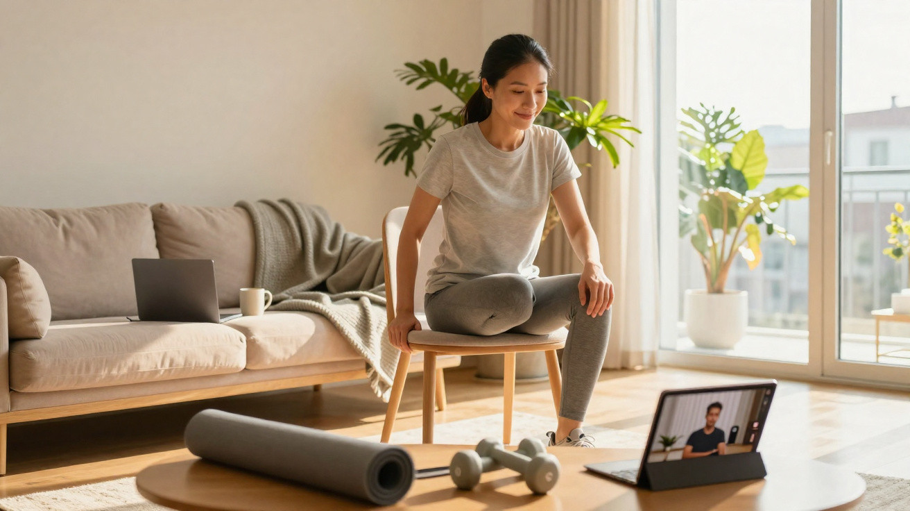 Mulher sentada em cadeira assistindo aula de exercícios em tablet na sala iluminada e confortável.