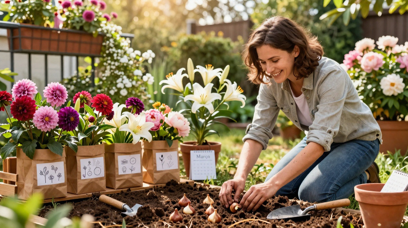 Mulher plantando flores em jardim com vasos e bulbos, sorrindo em dia ensolarado.