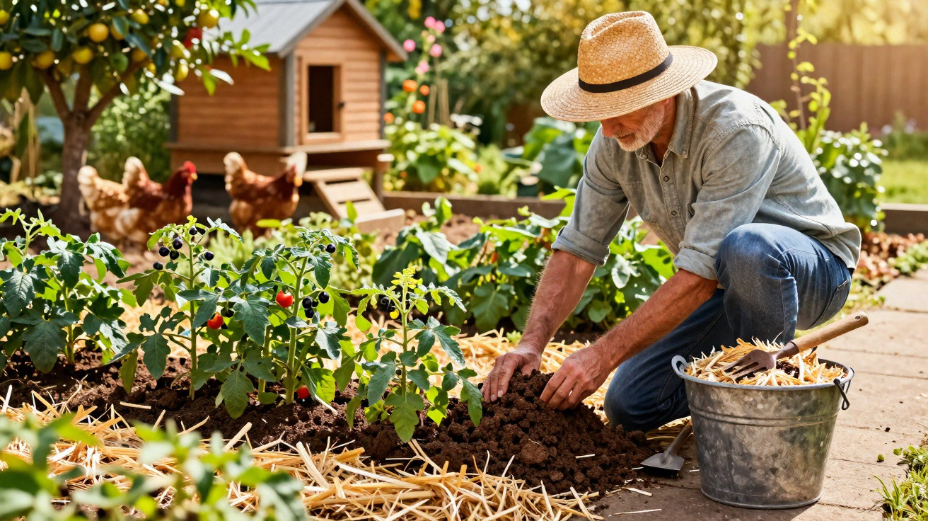 Homem idoso com chapéu cuidando de jardim com plantas e galinhas ao fundo em dia ensolarado.