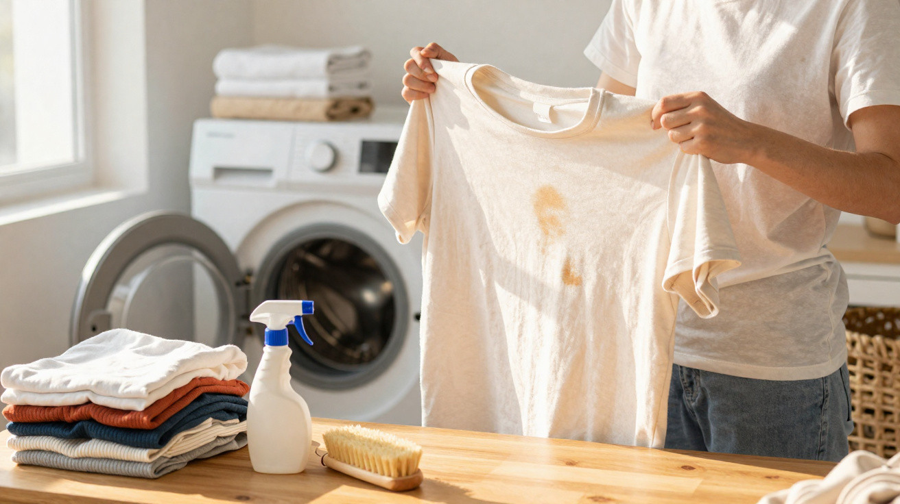 Pessoa segurando camiseta branca com mancha marrom, máquina de lavar e produtos de limpeza ao fundo.