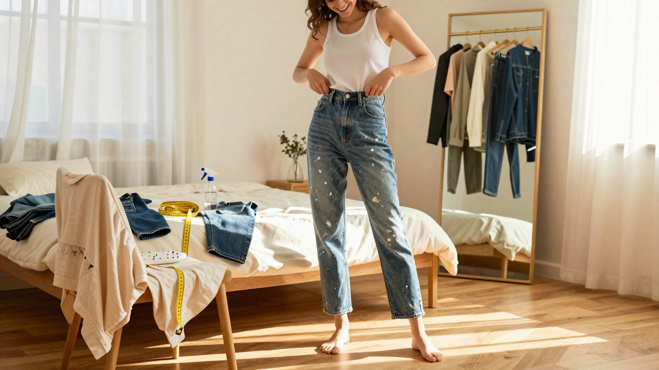 Mulher sorrindo experimenta calça jeans em quarto claro com espelho, roupas penduradas e cama desarrumada.