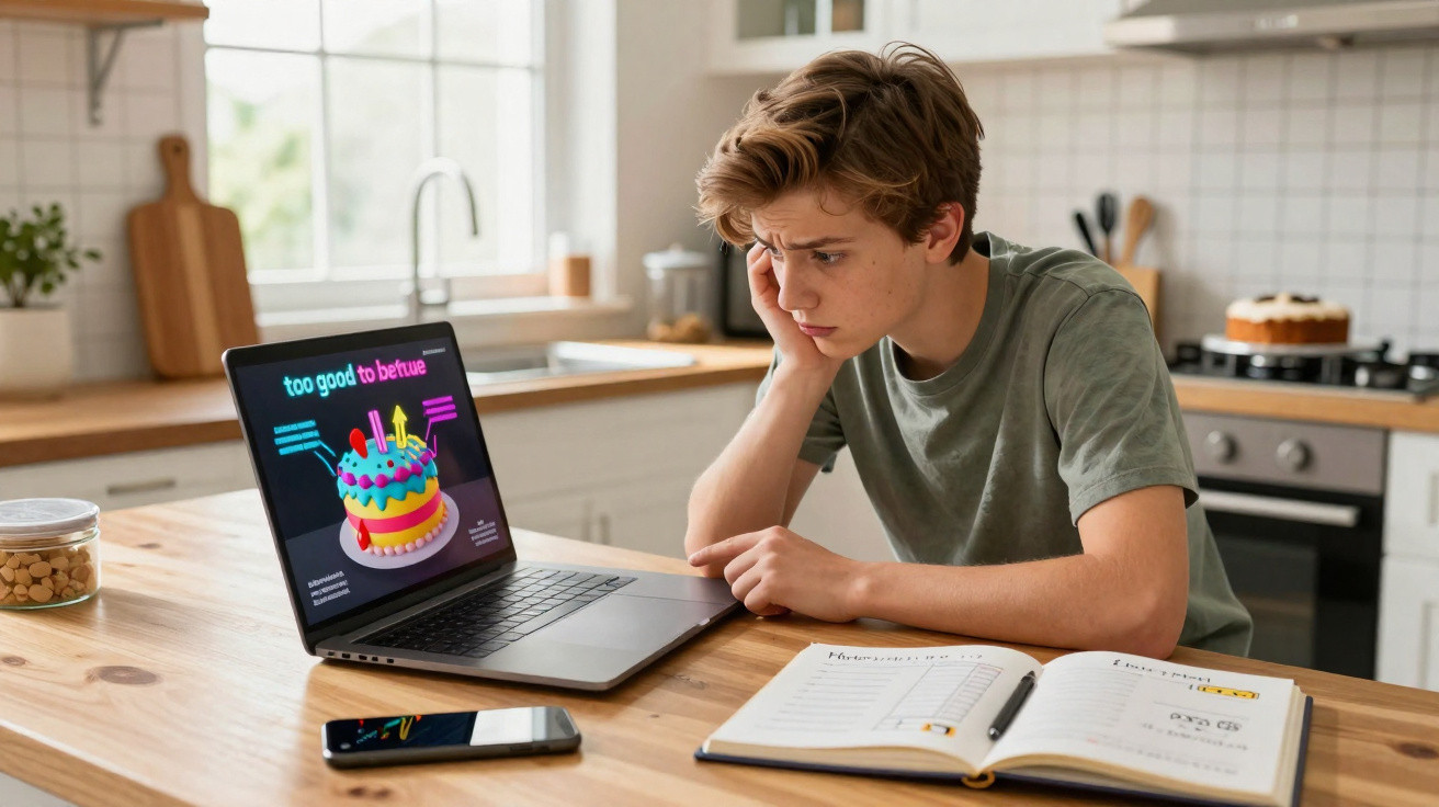 Jovem sentado à mesa da cozinha olhando preocupado para o notebook com imagem de bolo colorido.