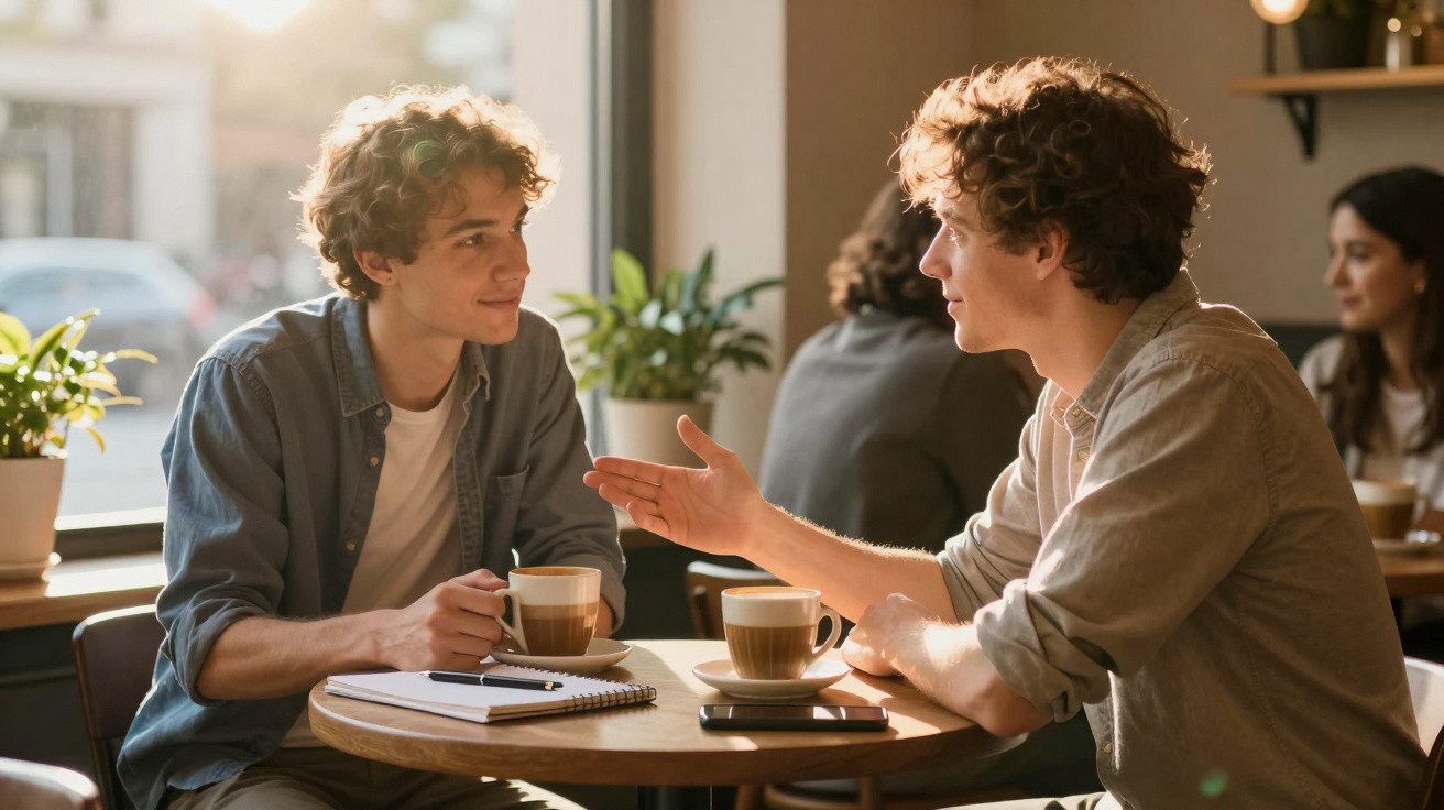 Dois jovens conversando em cafeteria com xícaras de café e caderno sobre a mesa.