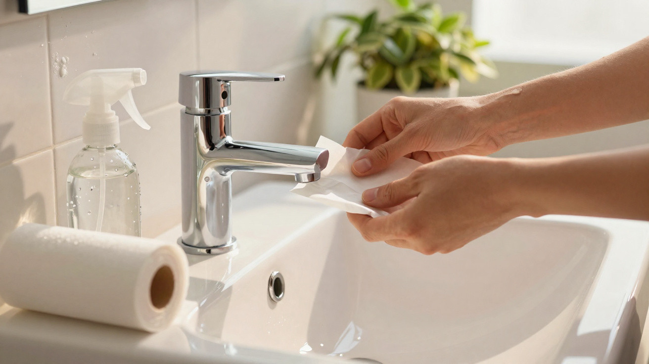 Pessoas secando as mãos com papel toalha após lavar na pia, com borrifador e planta ao fundo.