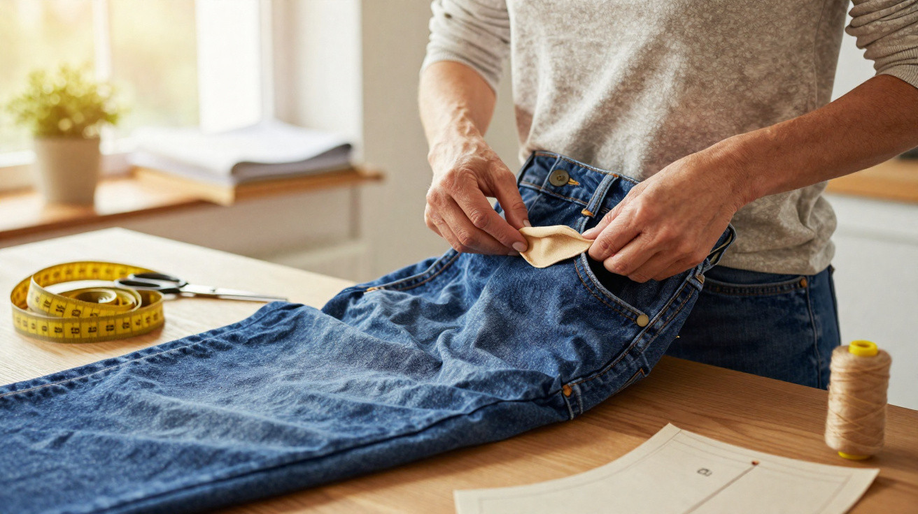 Pessoa consertando bolso de calça jeans azul com ferramentas de costura sobre mesa de madeira.