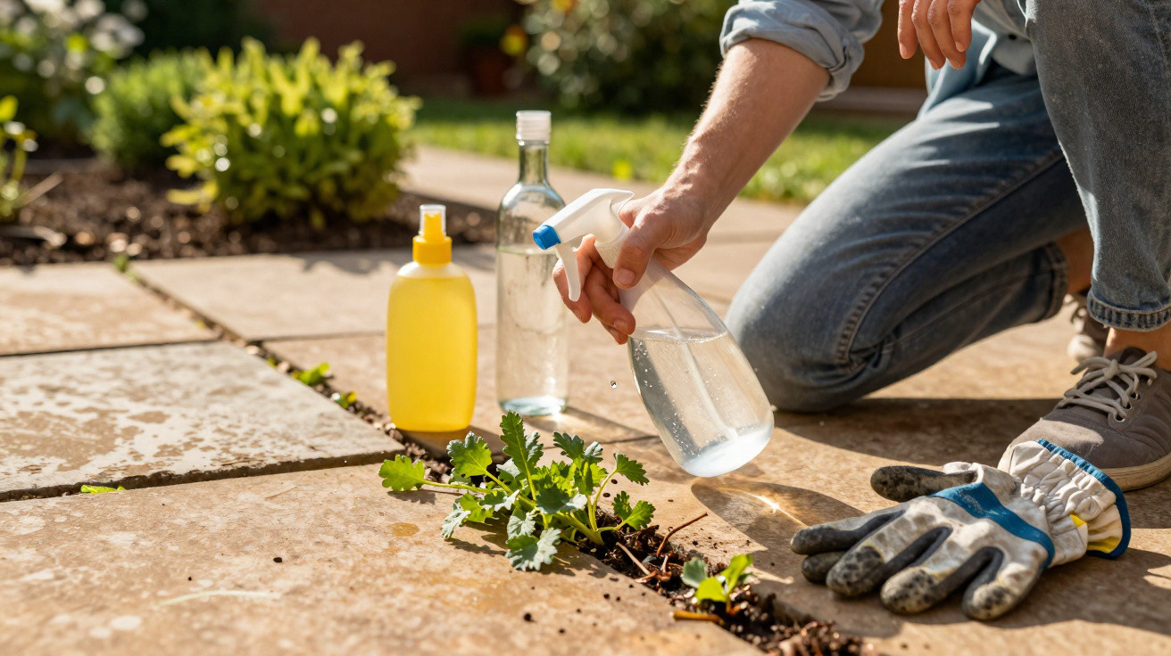 Pessoa borrifando planta daninha entre pisos de pedra com garrafas de spray e luvas ao lado.