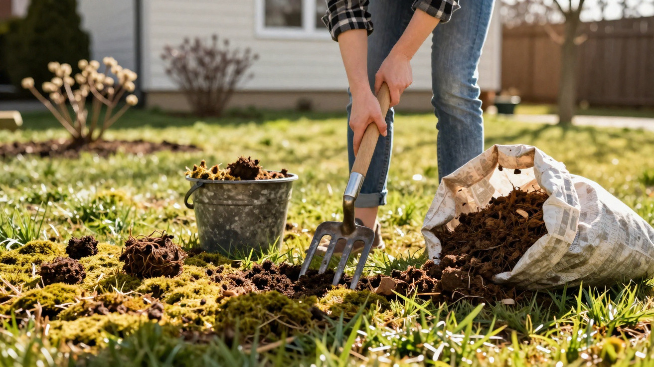 Pessoa utilizando forcado de jardim para cavar o solo em área gramada próxima a saco de folhas secas e balde.