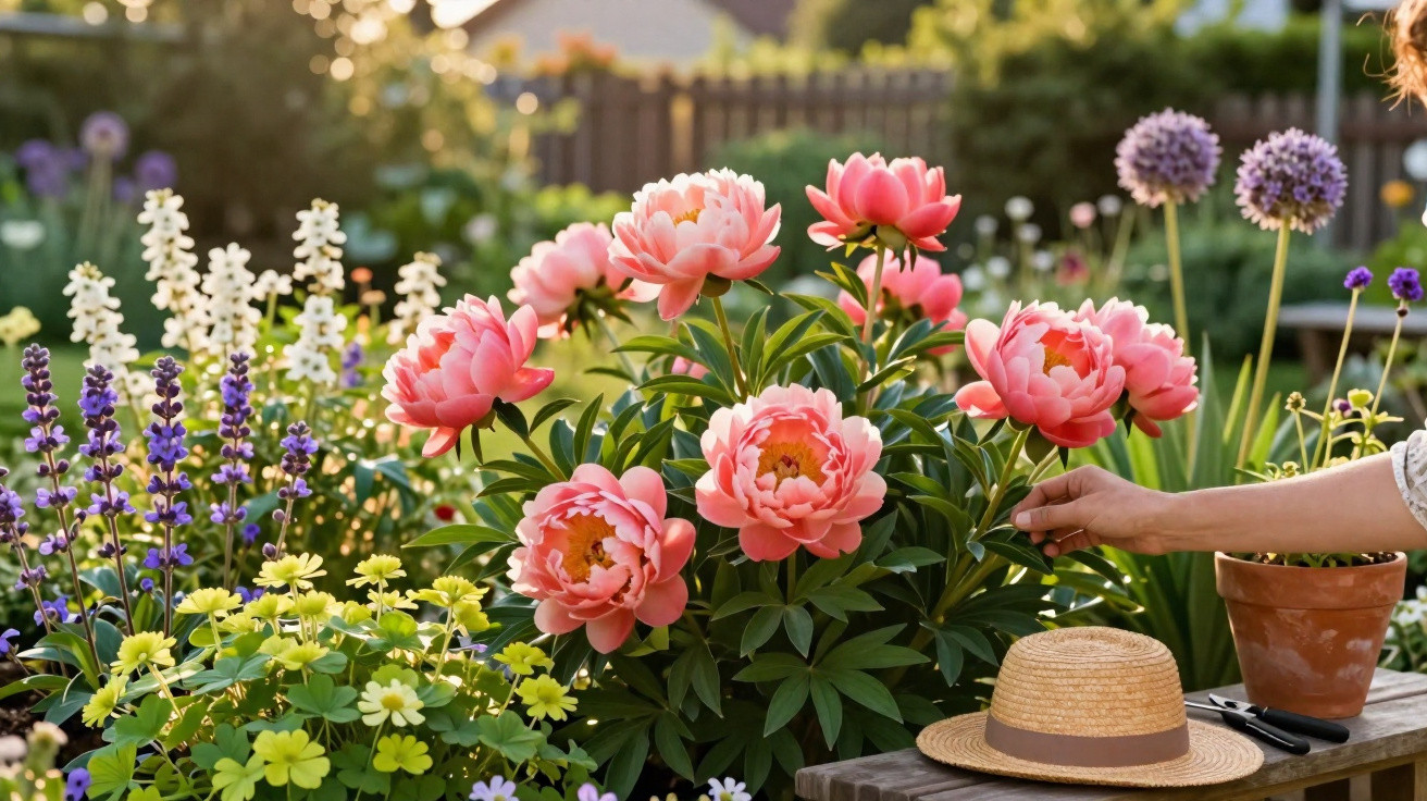Flores rosadas, amarelas e roxas em jardim com mão ajustando uma flor e chapéu de palha sobre banco de madeira.