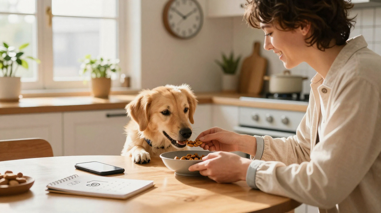 Pessoa alimenta cachorro dourado com petiscos em cozinha iluminada durante o dia.
