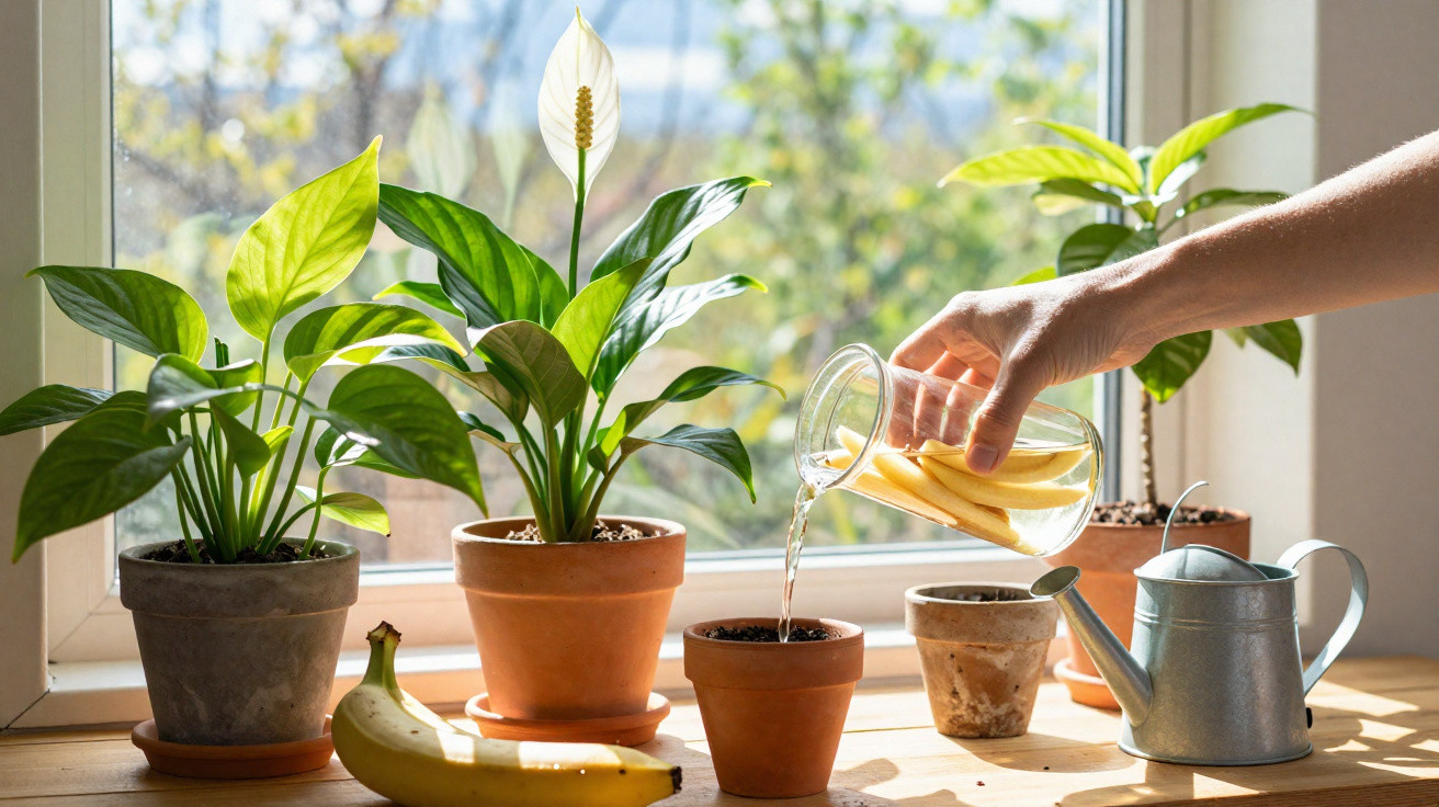 Mão regando plantas em vasos de cerâmica na janela, com regador e banana ao lado.