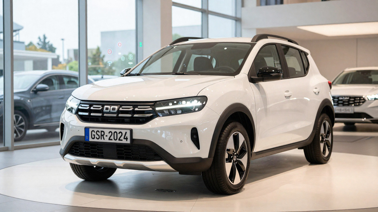 SUV branco exposto em showroom com faróis acesos e teto solar escuro.
