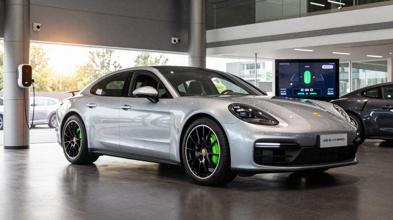 Carro esportivo sedã prata Porsche Panamera 4S E-Hybrid exposto em showroom moderno.