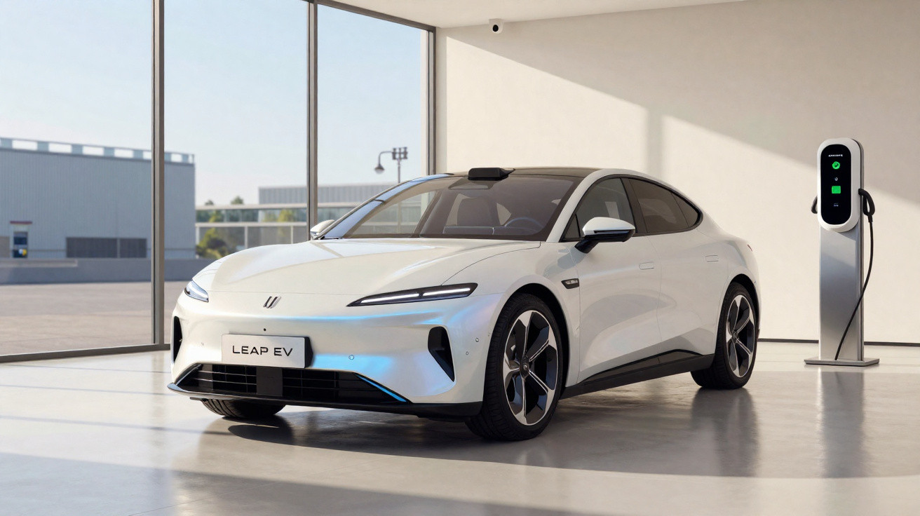 Carro elétrico branco Leap EV estacionado dentro de garagem ao lado de carregador elétrico moderno.