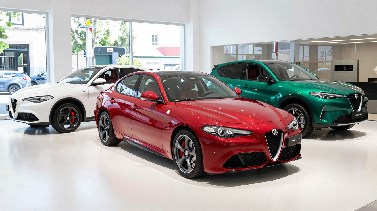 Três carros Alfa Romeo em cores vermelha, branca e verde exibidos em showroom moderno e iluminado.