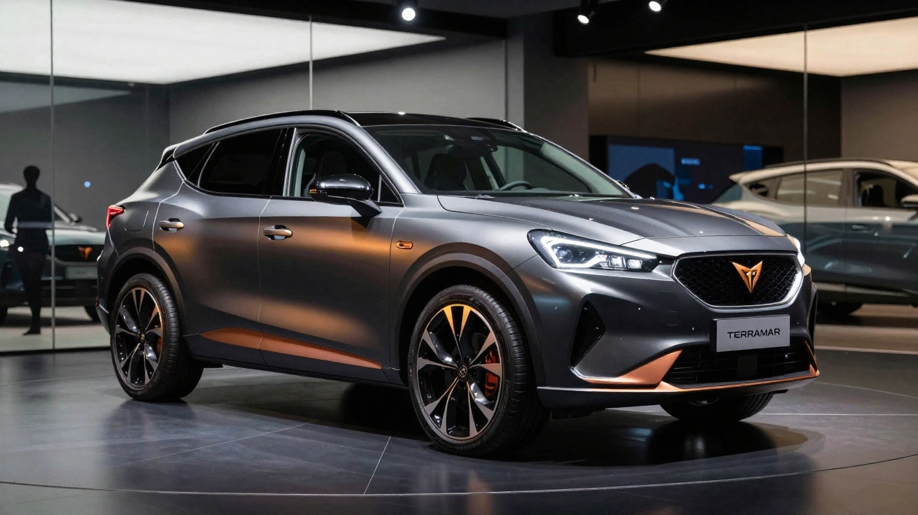 Carro SUV cinza escuro com detalhes laranja em exposição, modelo Terramar da Cupra em ambiente moderno.
