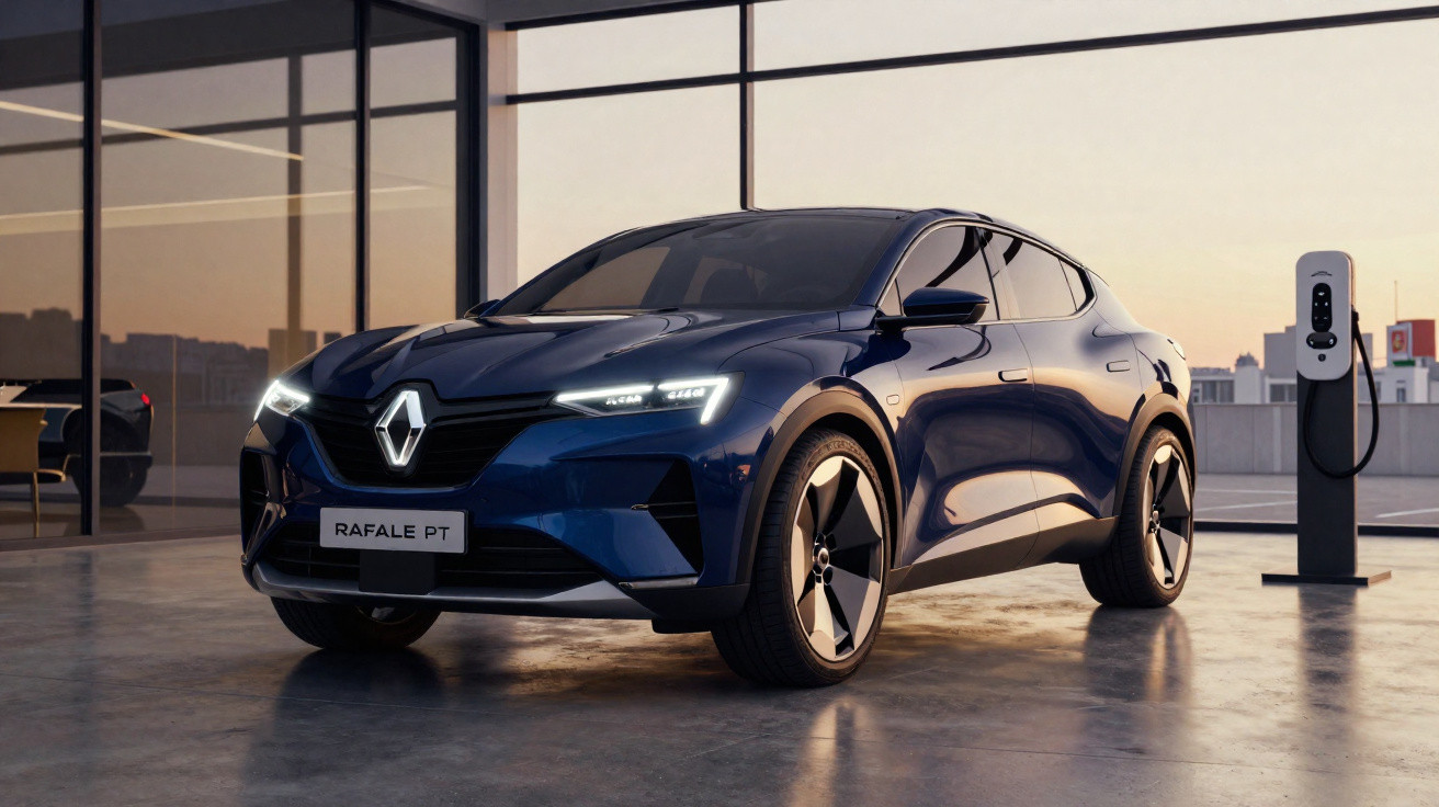 Carro elétrico azul Renault Rafale PT estacionado próximo a carregador em ambiente moderno ao entardecer.
