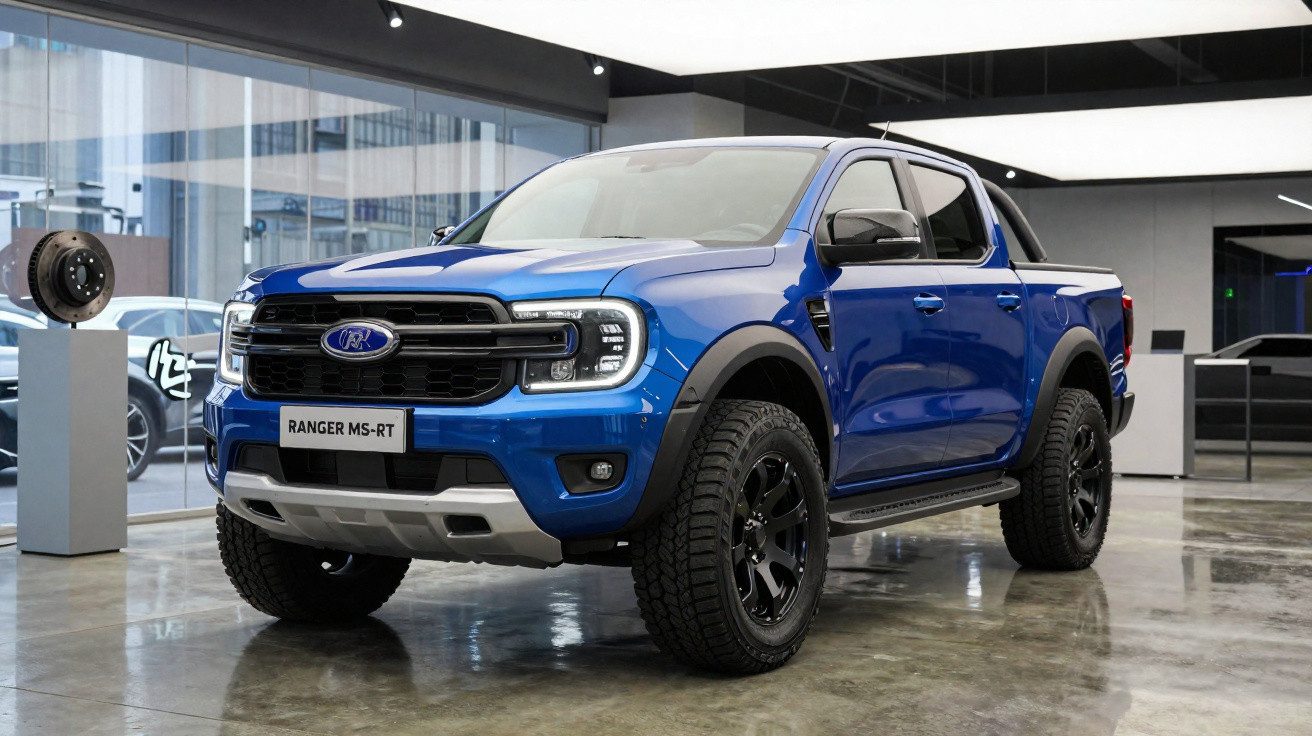 Picape Ford Ranger MS-RT azul exposta em showroom moderno com piso refletivo.