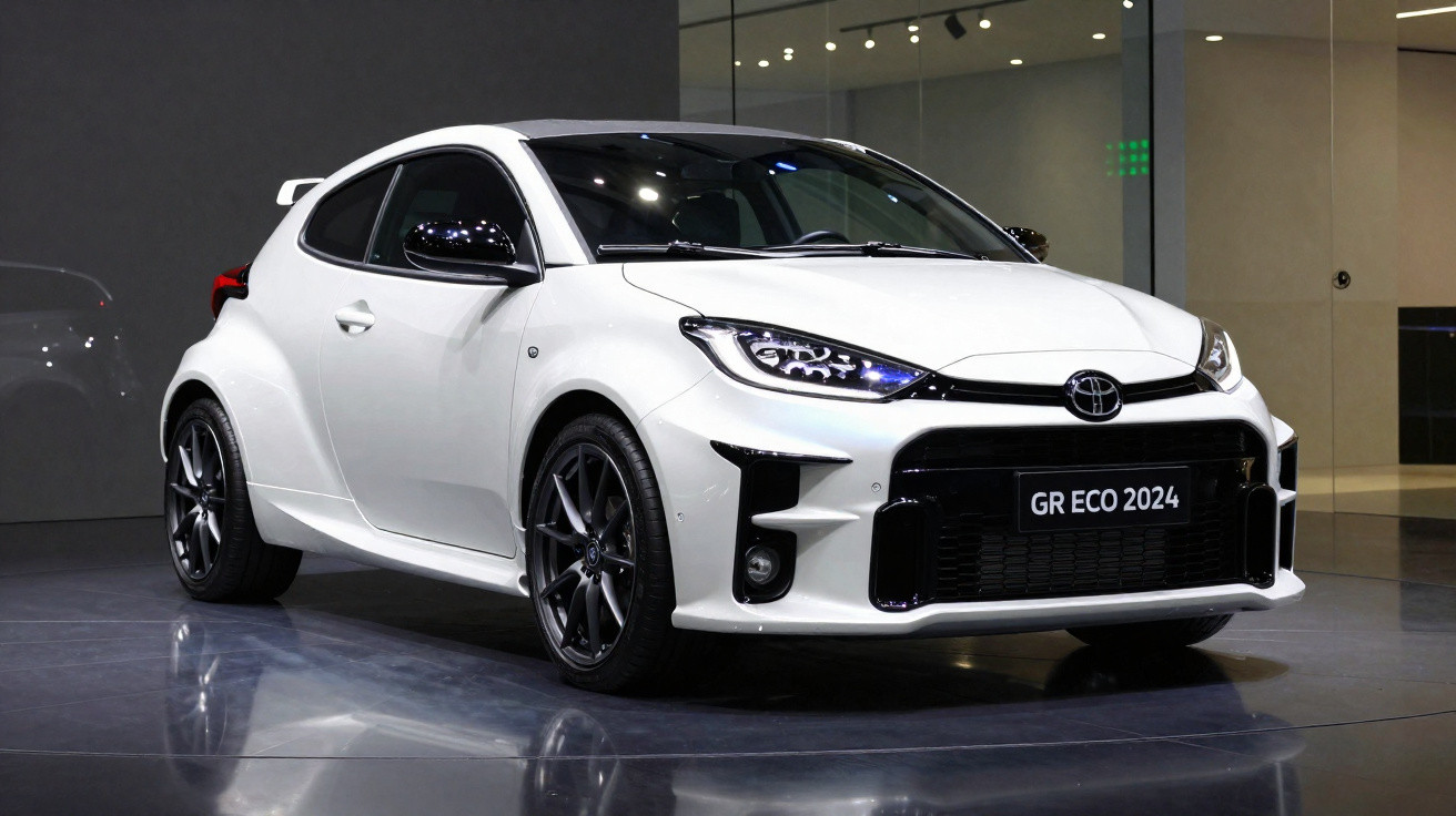 Carro esportivo branco Toyota GR ECO 2024 em exposição, com design moderno e faróis de LED acesos.