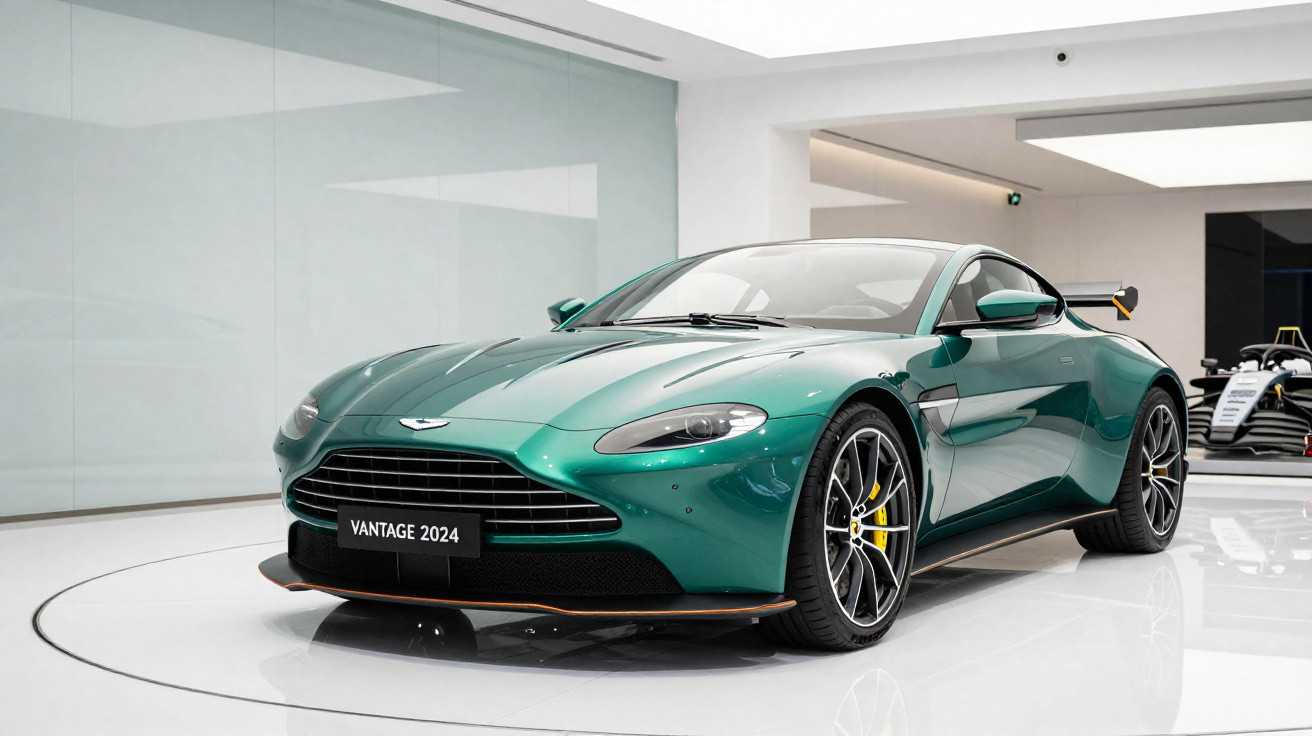 Carro esportivo Aston Martin Vantage 2024 verde exibido em showroom moderno e iluminado.