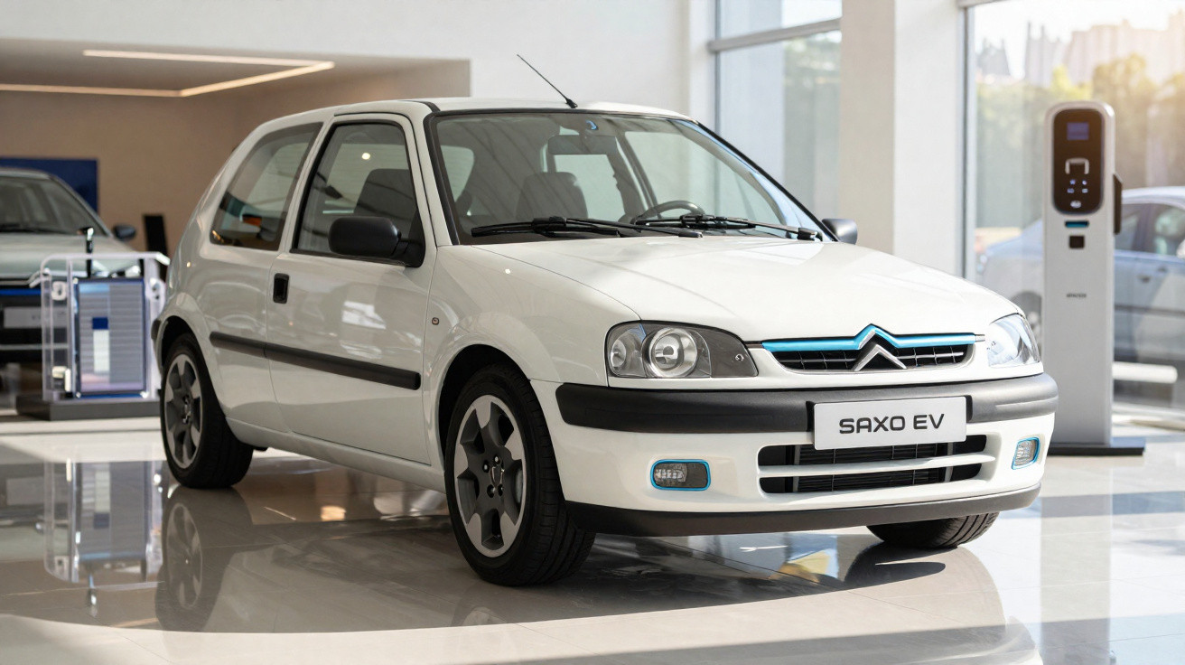 Carro branco Citroën Saxo EV estacionado em showroom com carregador de veículo elétrico ao fundo.
