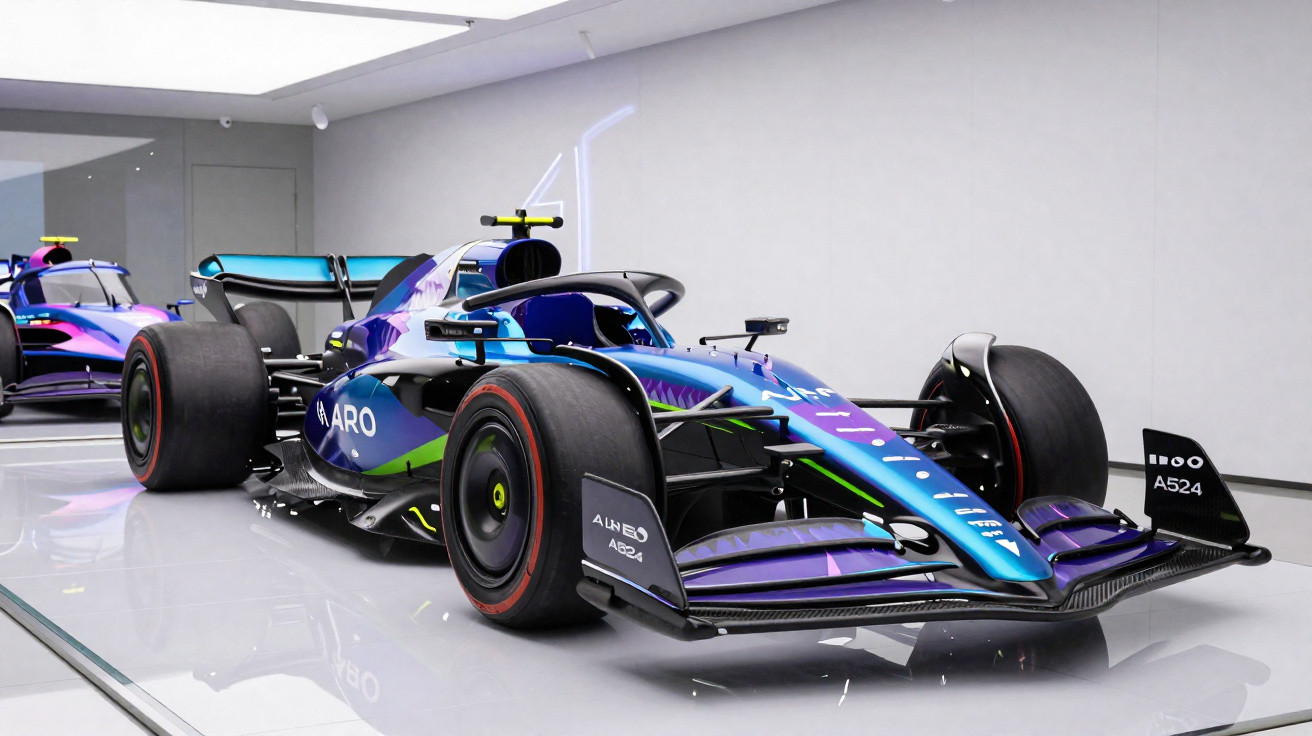 Carro de Fórmula 1 azul e roxo exibido em sala branca com piso brilhante e espelho ao fundo.