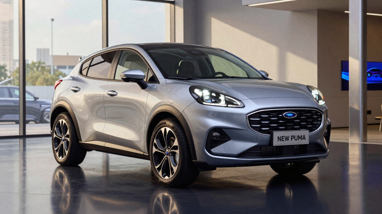 Carro SUV Ford New Puma prata exibido em showroom com piso refletivo e janelas grandes ao fundo.
