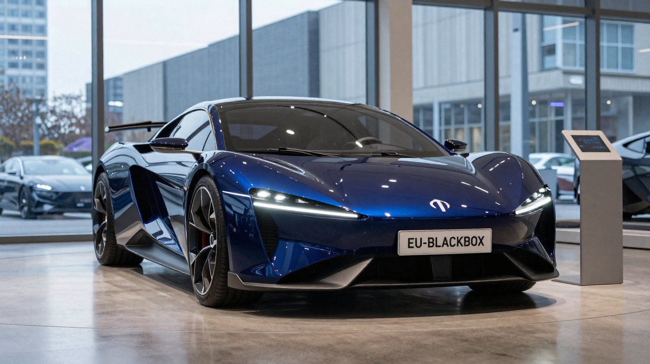 Carro esportivo azul metálico exibido em showroom moderno com luzes LED acesas e placa EU-BLACKBOX.