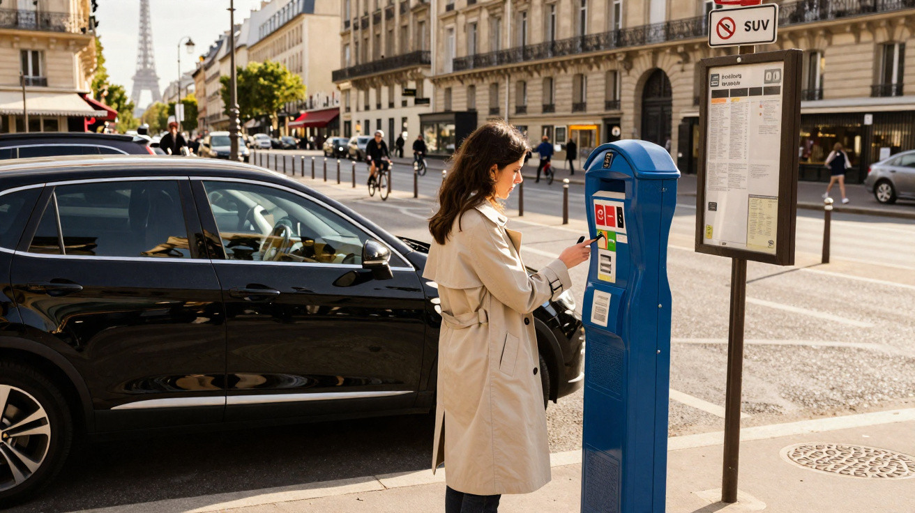 Mulher usando telefone próximo a parquímetro azul em rua movimentada com edifícios históricos ao fundo.