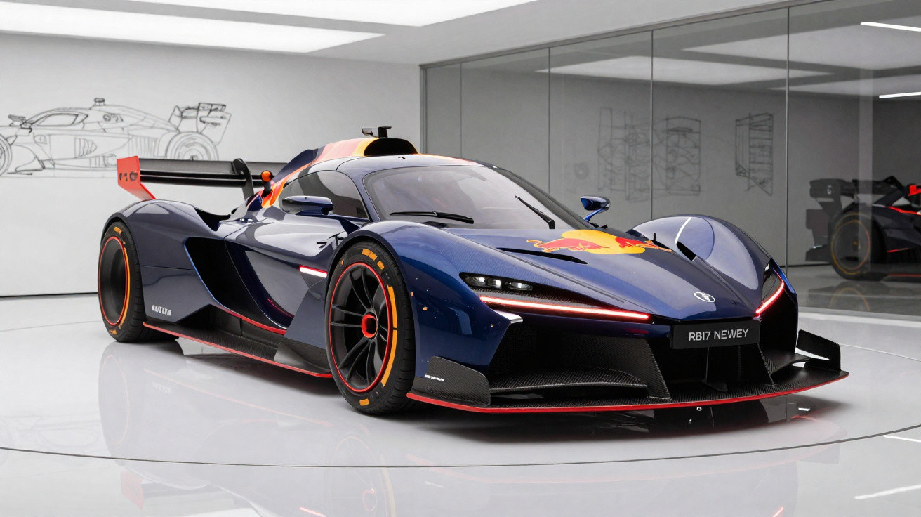 Carro esportivo azul com detalhes vermelhos e logo da Red Bull em showroom moderno com paredes de vidro.