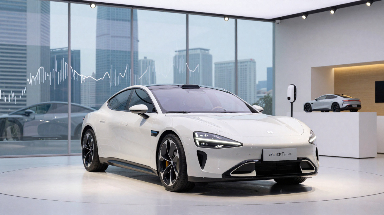 Carro elétrico branco exposto em ambiente interno moderno com janelas de vidro e vista para prédios urbanos.