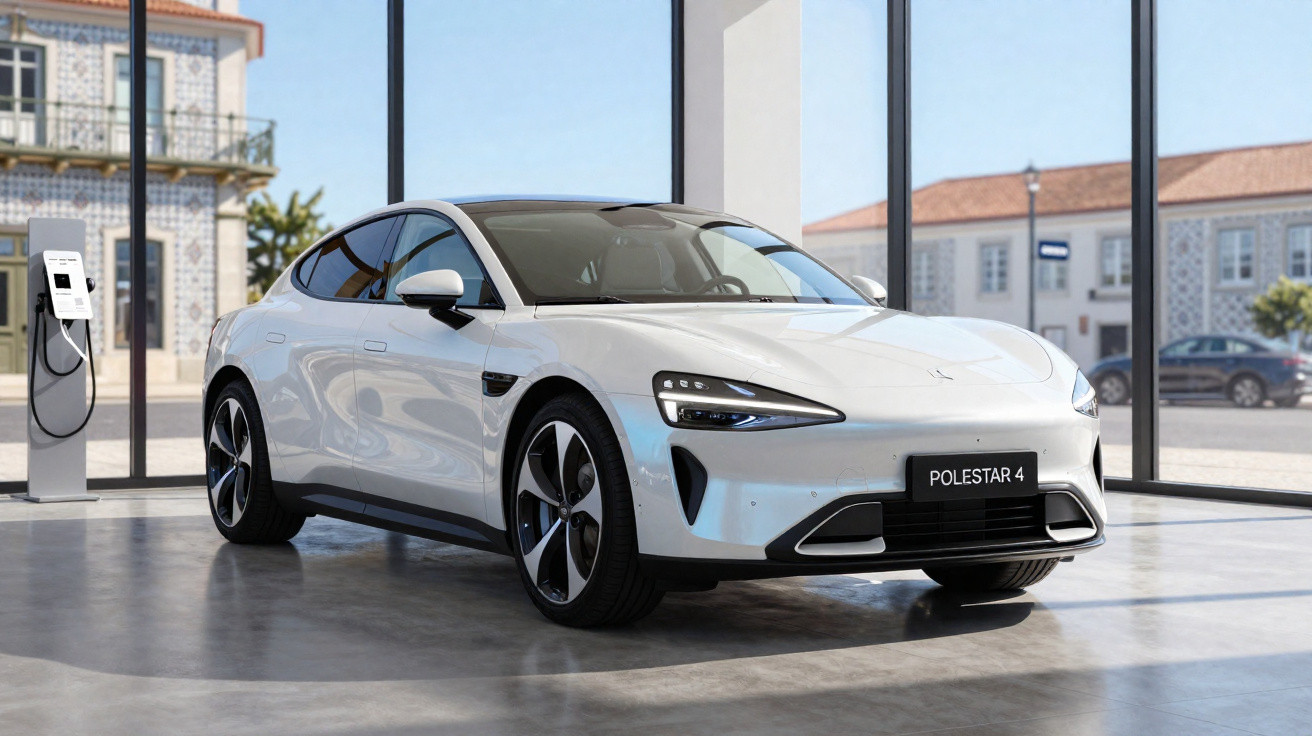 Carro elétrico branco Polestar 4 estacionado em ambiente interno com carregador próximo na lateral.