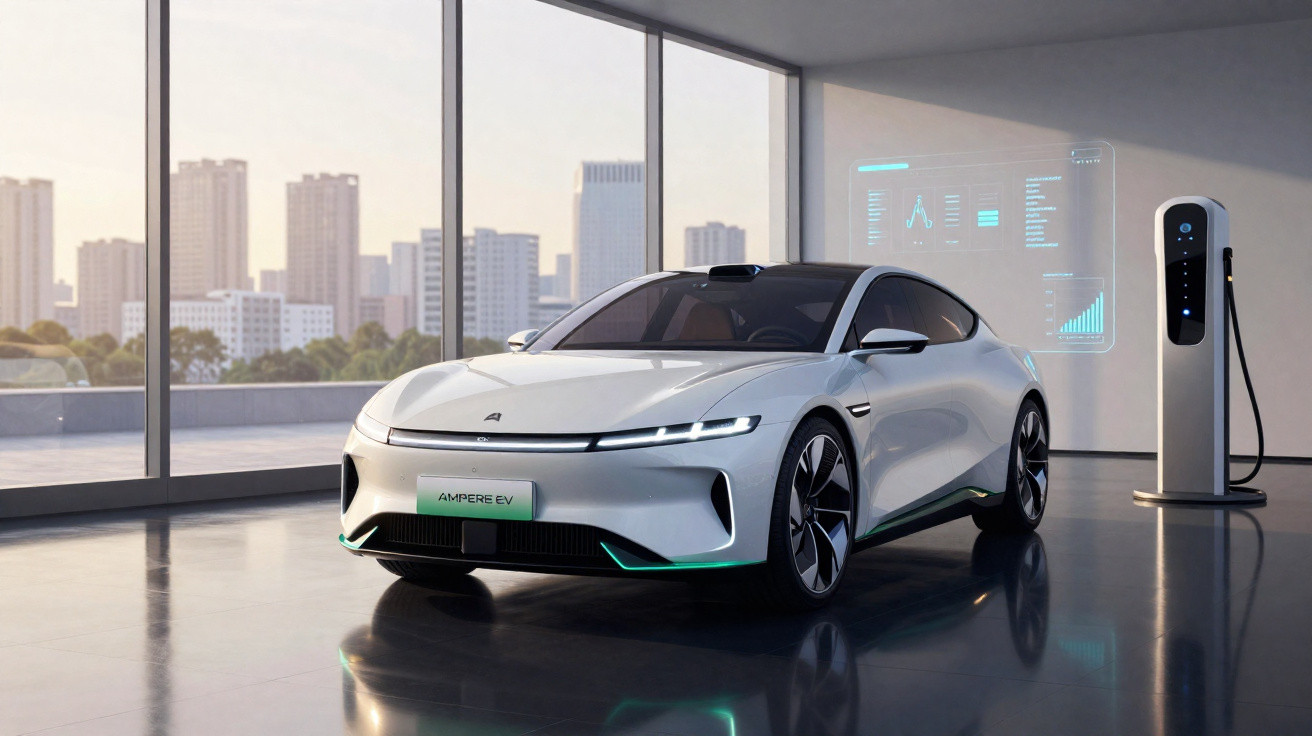 Carro elétrico branco moderno estacionado ao lado de carregador em ambiente interno com vista urbana ao fundo.
