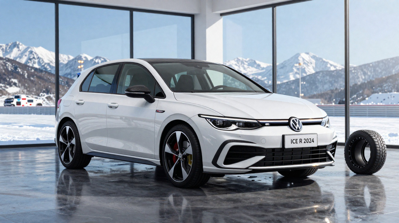 Carro Volkswagen branco modelo 2024 estacionado em showroom com pneus ao lado e montanhas nevadas ao fundo.