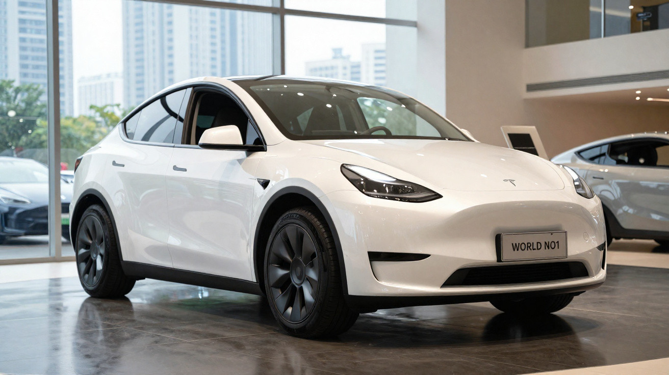 Carro elétrico branco Tesla Model Y exibido em showroom moderno com grandes janelas e outros veículos ao fundo.