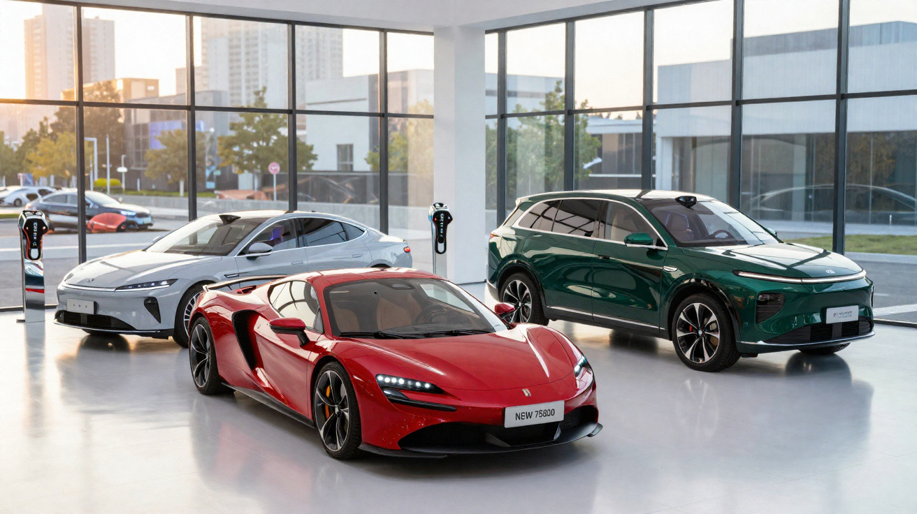 Carros elétricos modernos vermelho, cinza e verde em showroom com carregadores ao fundo.