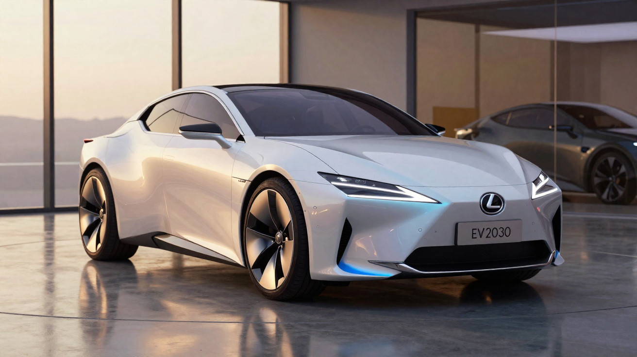 Carro esportivo elétrico Lexus branco EV2030 em ambiente interno moderno com janelas amplas.