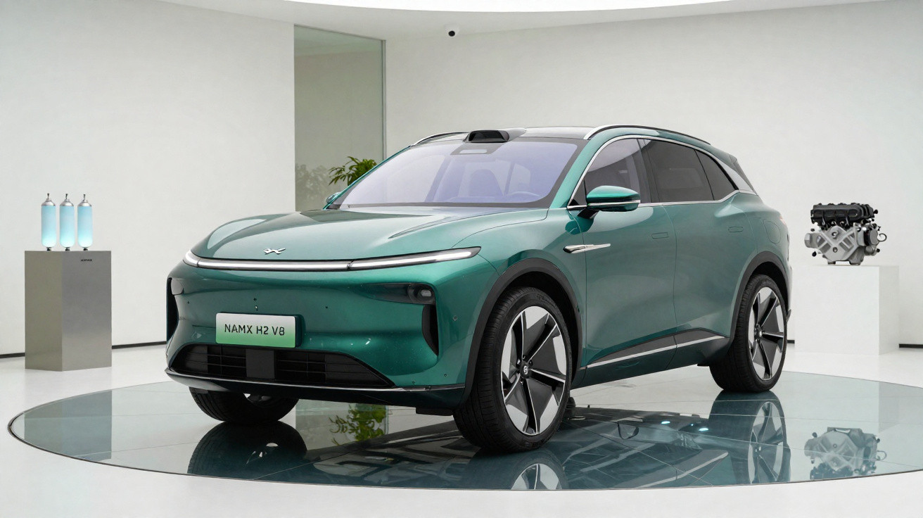 Carro SUV elétrico verde exposto em plataforma giratória em ambiente moderno e minimalista.
