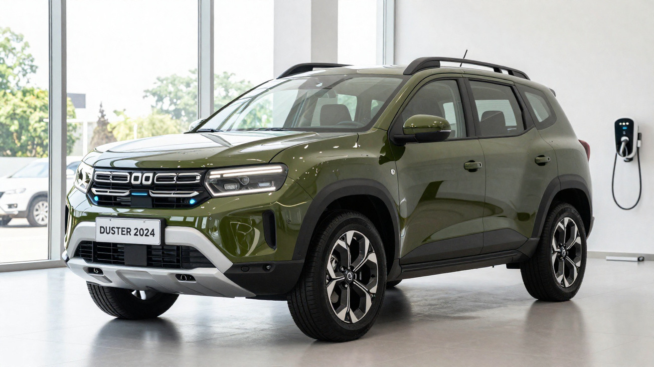 SUV verde escuro Duster 2024 estacionado em showroom moderno com parede branca e carregador elétrico.