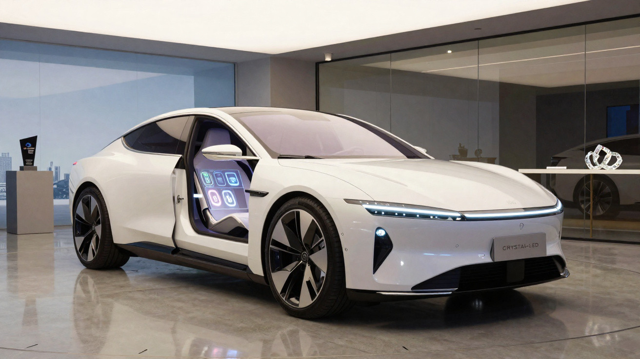 Carro elétrico branco com porta aberta exibindo painel digital em showroom moderno.