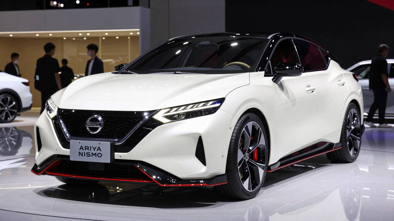 Carro elétrico Nissan Ariya Nismo branco exibido em salão automotivo com pessoas ao fundo.