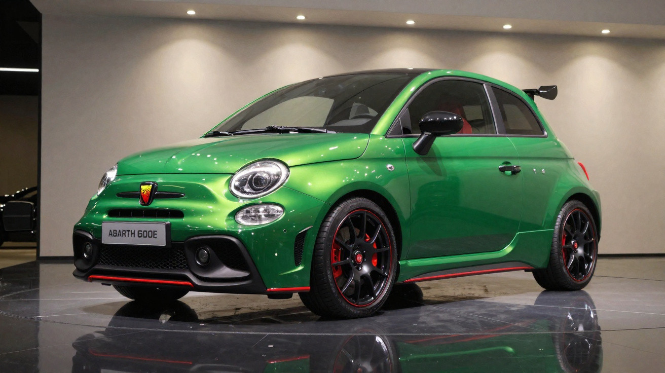 Carro esportivo compacto Abarth 600E verde em ambiente interno com iluminação sobre ele.