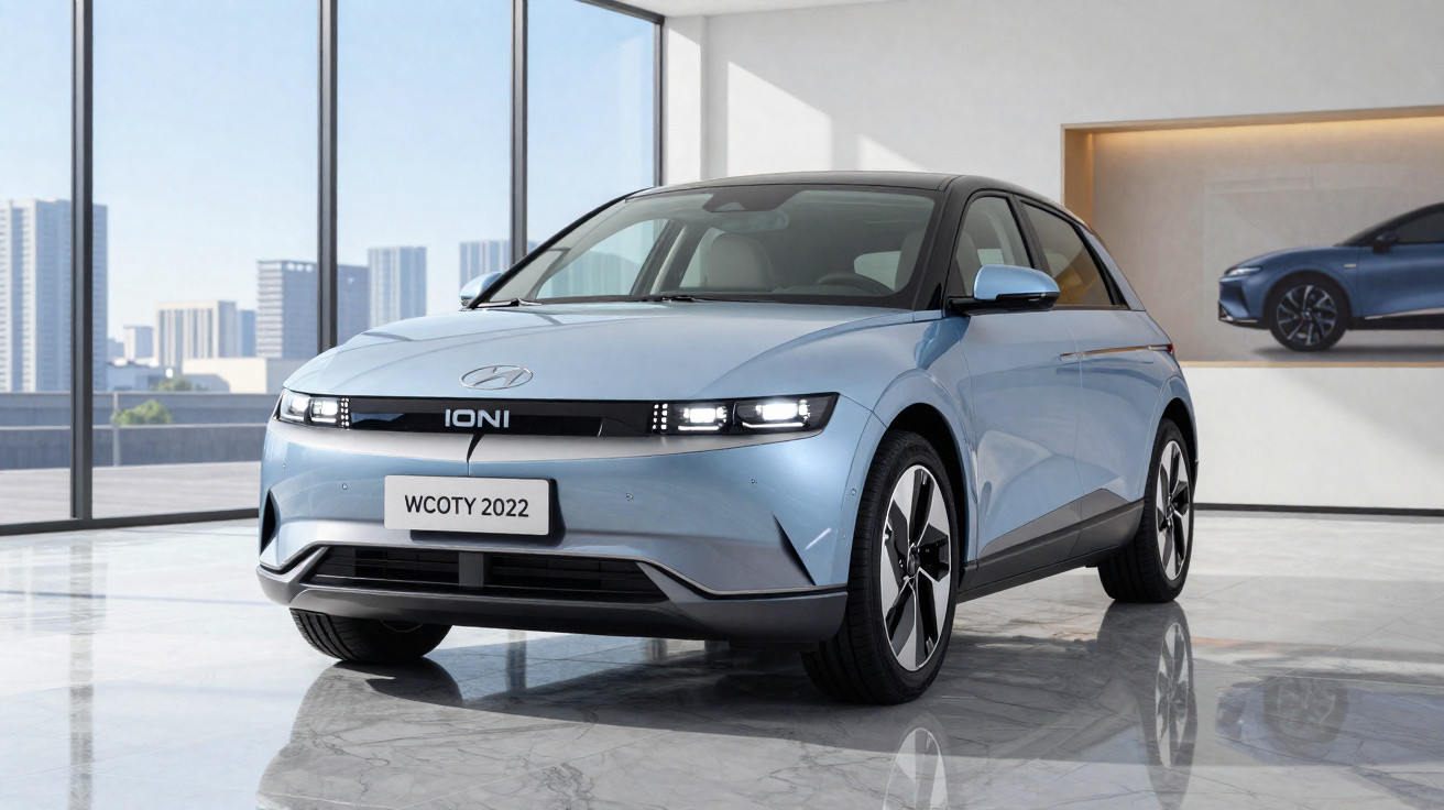 Carro elétrico Hyundai Ioniq 5 azul claro em ambiente interno com piso de mármore e grande janela.