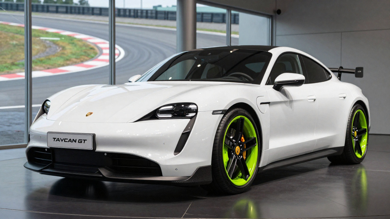 Carro esportivo branco Porsche Taycan GT com rodas verdes em showroom com pista ao fundo.