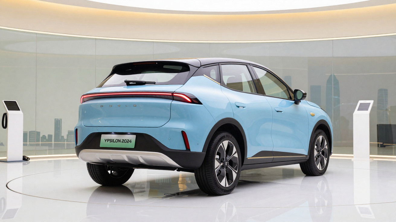 Carro elétrico Ypsilon 2024 azul exibido em ambiente moderno com carregadores ao redor.