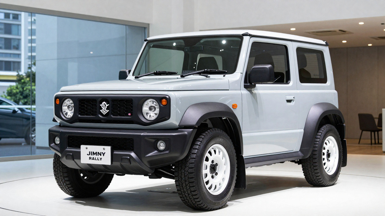 Carro SUV compacto branco Suzuki Jimny Rally exibido em showroom moderno e iluminado.