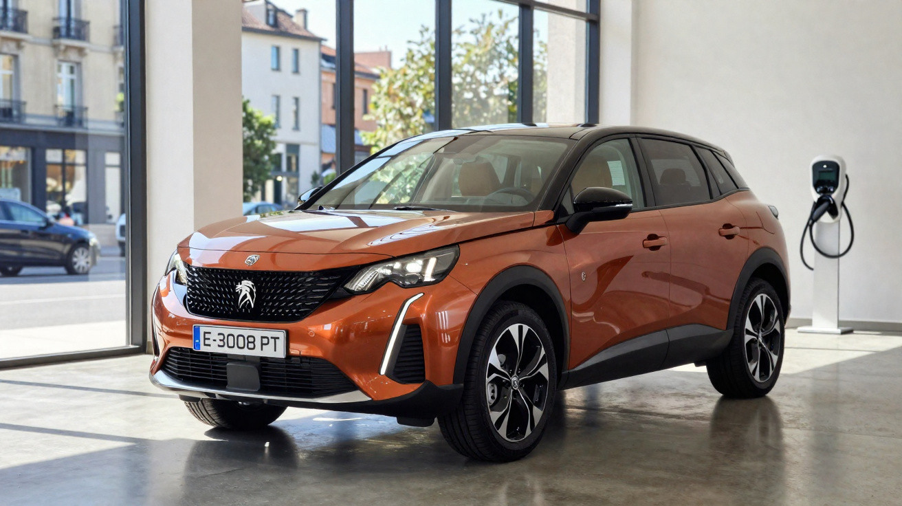 Carro elétrico SUV Peugeot 3008 laranja estacionado dentro de showroom com carregador ao fundo.