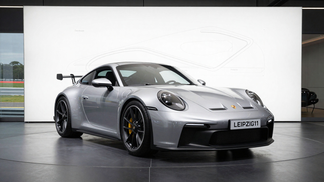 Carro esportivo cinza prata Porsche 911 GT3 em exposição com fundo branco e detalhes em preto.