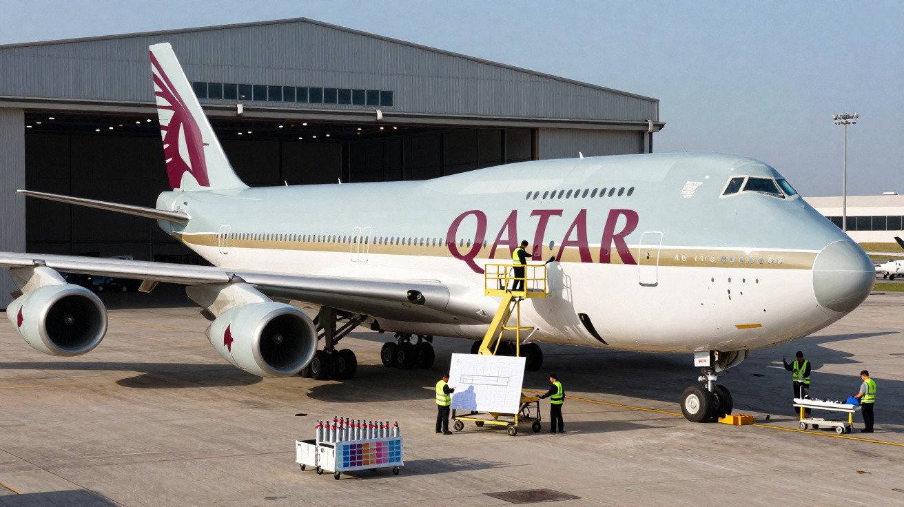 Avião da Qatar Airways no pátio do aeroporto com trabalhadores realizando manutenção.